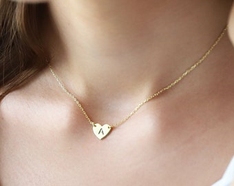 14K Solid Gold Layered Initial Heart Choker Necklace, Personalized Handmade Jewelry | Minimalist Gift