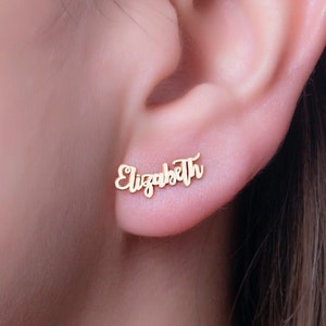 Handmade 14K Solid Real Gold Studs Name Earrings, Personalized Dainty Jewelry by NecklaceDreamWorld image 3