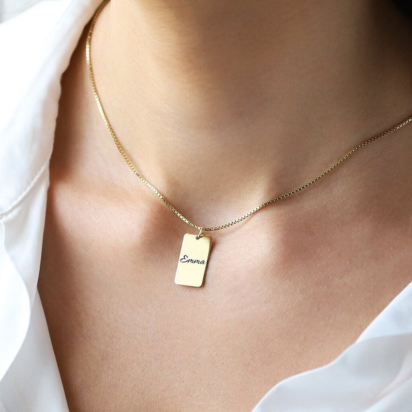 Personalized Dainty Name Tag Necklace with Box Chain • Initial Personalized Tag Jewelry • Solid 925 Sterling Silver, Gold and Rose Gold