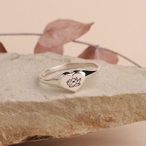 Heart Shaped Birth Month Flower Ring, Floral Personalized Signet Dainty Jewelry • Silver, Gold and Rose Gold