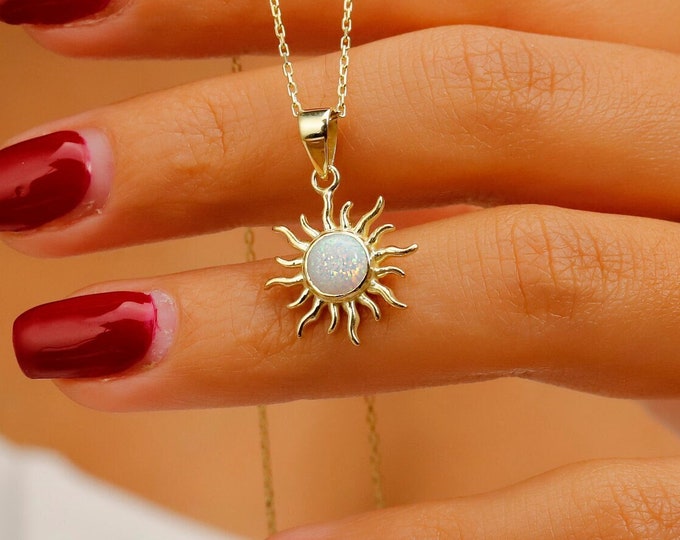 Featured listing image: Elegant White Opal Sun Necklace by NecklaceDreamWorld | Perfect Design Sunshine Pendant | Celestial Jewelry in Silver, Gold And Rose