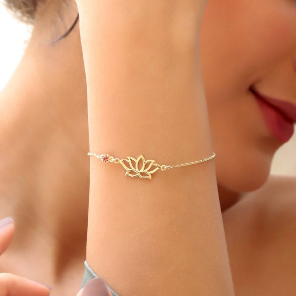 Dainty Gold Friendship Lotus Flower Bracelet, Birthstone-Gemstone add on, Couples Silver, Gold et Rose Gold Jewelry par NecklaceDreamWorld