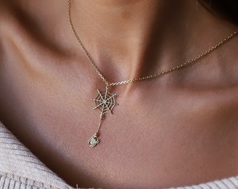 Halloween Spider Web Gold Necklace Gifts, Scary Spider Silver Jewelry by NecklaceDreamWorld