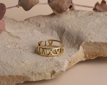 Personalized Roman Numerals Rings • Wedding Date Band Gold Solid 8K,10K,14K ,18K • Name Rings Stackable, Engagement Rings, Anniversary Rings