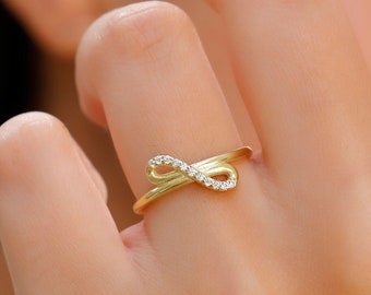 Diamond Infinity Interlocking Knot Rings for Women, 14K Gold Dainty Crystal Rings for Her