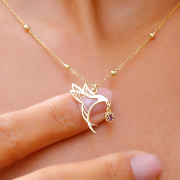 Collier colibri avec pierre de naissance par Collier DreamWorld • Collier porte-bonheur, amour • Bijoux oiseau en or avec chaîne à billes