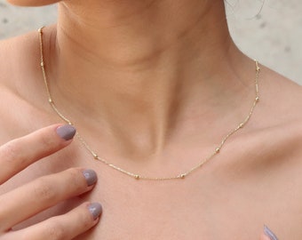 14k Gold Beaded Satellite Layering Necklace Choker in any sizes • Layered Station Chain 14K Gold Ball Necklace by NecklaceDreamWorld