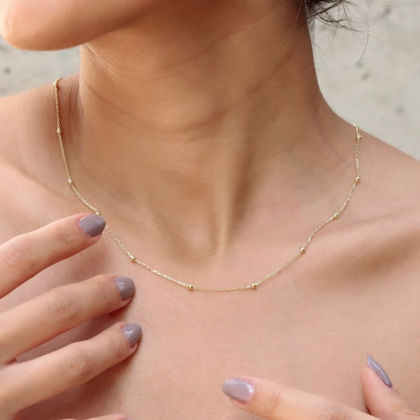 14k Gold Perlen Satelliten Layering Halskette Choker in jeder Größe • Layered Station Kette 14K Gold Ball Halskette von NecklaceDreamWorld