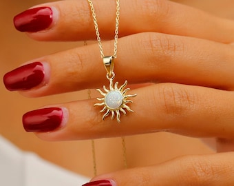 Elegant White Opal Sun Necklace by NecklaceDreamWorld | Perfect Design Sunshine Pendant | Celestial Jewelry in Silver, Gold And Rose