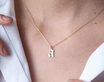 14K Solid Gold Old English Initial Necklace,Personalized Letter Charm Jewelry • Gothic Style Dainty Custom Gift for Her and Him