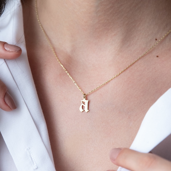 14K Solid Gold Old English Initial Necklace,Personalized Letter Charm Jewelry • Gothic Style Dainty Custom Gift for Her and Him