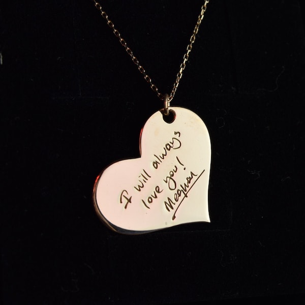 Engraved Heart Necklace, Fingerprint Necklace Heart, Custom Heart Necklace Gold, Handwriting Necklace Heart, Heart Necklace Personalized