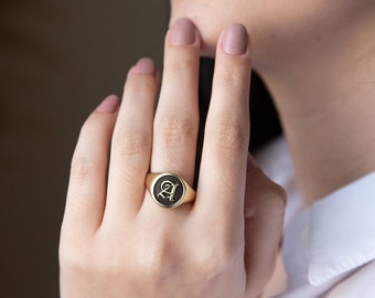 Signet Ring • Initial Engraved Signet Ring • Sterling Silver, Gold and Rose Gold • Personalized Initial Ring • Gold Signet Ring