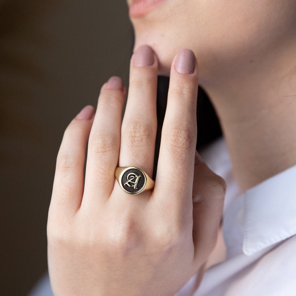 Signet Ring • Initial Engraved Signet Ring • Sterling Silver, Gold and Rose Gold • Personalized Initial Ring • Gold Signet Ring