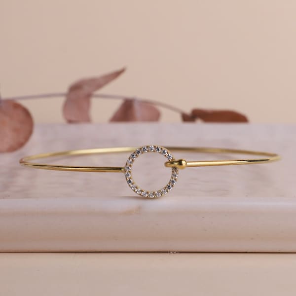 Dainty Pave CZ Diamonds Open Circle Bangle Bracelet | Cute Gold Filled Bracelet | Christmas Gifts for Her