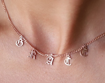 Dangle Syle Spaced Initials Name Necklace with Curb Chain by NecklaceDreamWorld, Personalized Old English Letter Jewelry