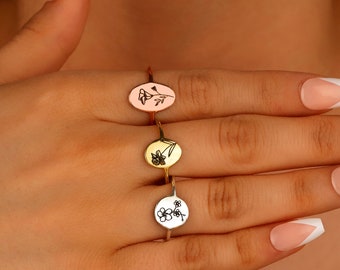 Handmade Birth Flower Ring • Floral Signet Ring • VALENTINES DAY GIFTS • Personalized Jewelry • Silver, Gold and Rose Gold • Gift for Mom