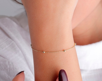 Dainty 14K Gold Satellite Chain Bracelet: Sterling Silver Minimalist Jewelry
