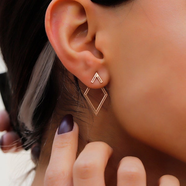 Brincos Ear Jacket em Prata de Lei com Design de Losango em Ouro Rosa 14K: Par Geométrico