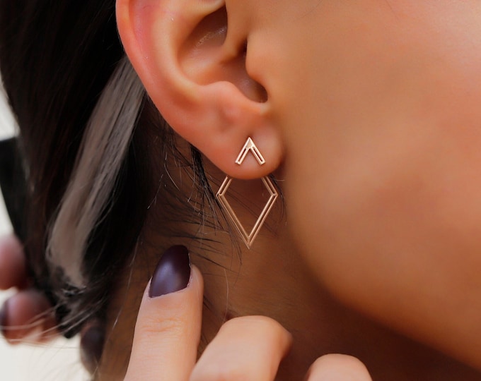 Featured listing image: 14K Rose Gold Rhombus Ear Jacket Earrings: Geometric Sterling Silver Pair