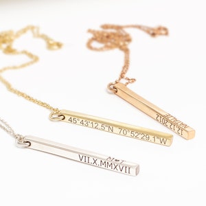 Personalized Cute Long Bar Necklace, Coordinates 4 Sided Bar Jewelry in Sterling Silver, Gold and Rosed Gold by NecklaceDreamWorld