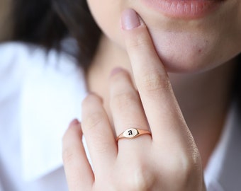 14K Solid (Real) Gold Handmade Initial Dainty Ring, Personalized Engraved Tiny Letters Jewelry • Stackable White Gold Gift for Her