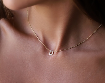 Dainty CZ Diamond Initial Necklace, Sterling Silver Personalized Jewelry