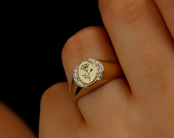 14K Gold Birth Flower Signet Ring with CZ Diamond by NecklaceDreamWorld, Birth Month Flower Engraved Ring Silver, Birth Flower Jewelry Rose