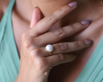 White Pearl Freshwater Round Ring with Diamonds (CZ) • Gold Dainty Pearl Ring for Women • Cocktail Ring • Perfect Birthday Gifts