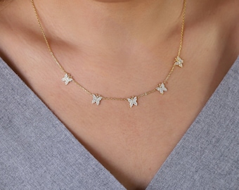 All Around Butterfly Necklace CZ Diamond Handmade in Sterling Silver, Dainty Pave Diamond Butterfly Choker Jewelry, Perfect Delicate Gifts