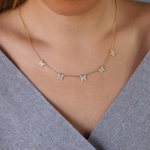 All Around Butterfly Necklace CZ Diamond Handmade in Sterling Silver, Dainty Pave Diamond Butterfly Choker Jewelry, Perfect Delicate Gifts