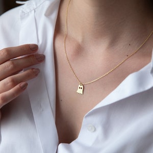 14K Solid (Real) Gold Tiny Ghost Necklace, Spooky Cute Boo Emoji • Halloween Gifts for Her and Him