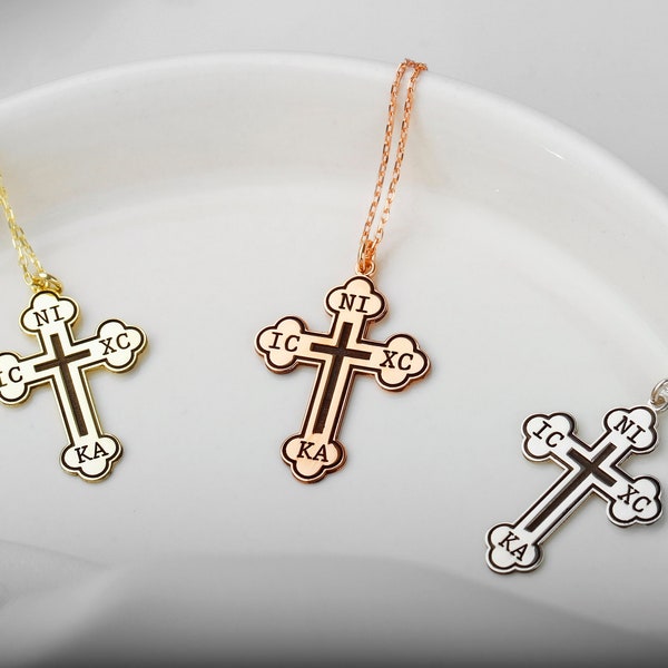 Christian Eastern Orthodox Cross Necklace, Charm IC XC NIKA Religious Jewelry by NecklaceDreamWorld in 14K Gold, Sterling Silver and Rose