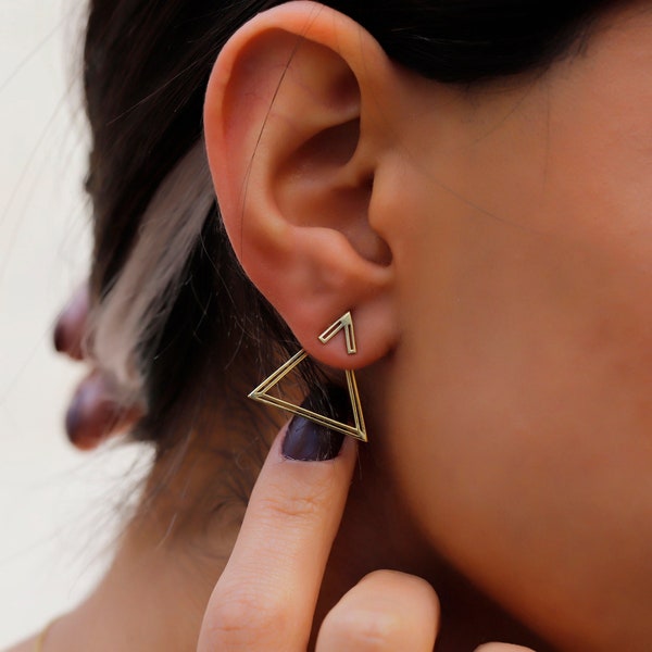 14K Gold Ear Jacket Earrings, Triangle Earring, Dainty Double Geometric Earrings, Special Design Earrings by NeckaceDreamWorld in Silver