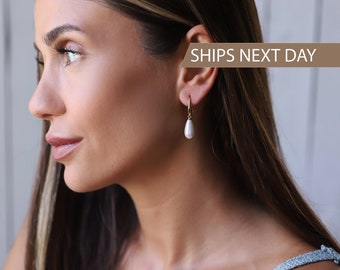 Drop Pearl Earrings, Mother of Pearl Earrings, Bridal Shower Gifts | Dainty Dangle Earrings by NecklaceDreamWorld