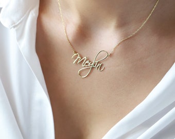 Calligraph Font Custom Name Necklace Gold, Script Cute Minimalist Font Jewelry with Birthstone add on