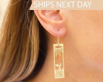 Sun Earrings Gold, Sunrise and Wave Dangle Earrings, Rectangle Boho Hawaii Drop Earrings | Ocean Wave Earrings | Earrings for Women