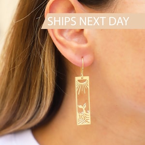 Sun Earrings Gold, Sunrise and Wave Dangle Earrings, Rectangle Boho Hawaii Drop Earrings Ocean Wave Earrings Earrings for Women image 1