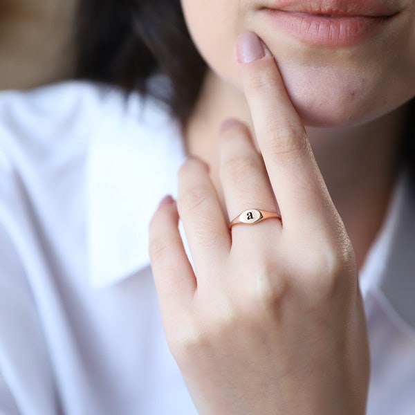 Dainty Handmade Gold Initial Ring, Silver Personalized Engraved Tiny Letter Ring • Stackable Rose Gold  Jewelry • Gift for Her