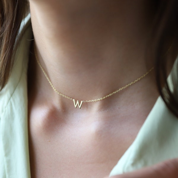 14K Solid Gold Choker Initials Necklace, Custom Dainty Layeering Jewelry • Personalized Minimalist Letter Necklace by NecklaceDreamWorld