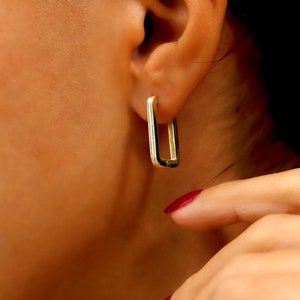 Link Huggie Rectangle Hoop Earrings | Modern Minimalist Oblong Geometric Hoop Earrings by NecklaceDreamWorld