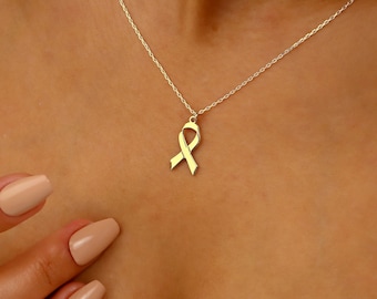 Breast Cancer Ribbon Necklace in Gold, Silver and Rose • Cancer Survivor Necklace • Breast Cancer Awareness Jewelry