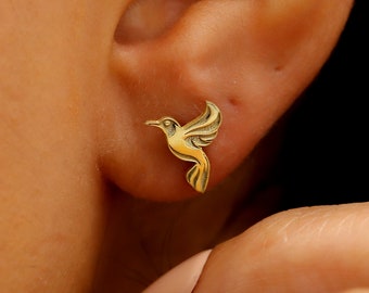 Hummingbird Earrings, Golden Bird Jewelry, Love & Beauty Symbol Bird Earrings, Animal Lover Gift in Gold, Silver and Rose