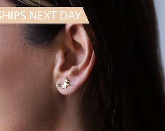Dainty Witch Stud Earrings: Gold Sterling Silver Halloween Jewelry