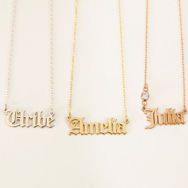 14K Gold Fillled Old English Name Necklace, Personalized Name Necklace, Old English Jewelry Birthday Gifts, Gothic Name Necklace