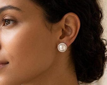 Sterling Silver Pearl Stud Earrings: Pave Cubic Zirconia, Bridesmaid Jewelry