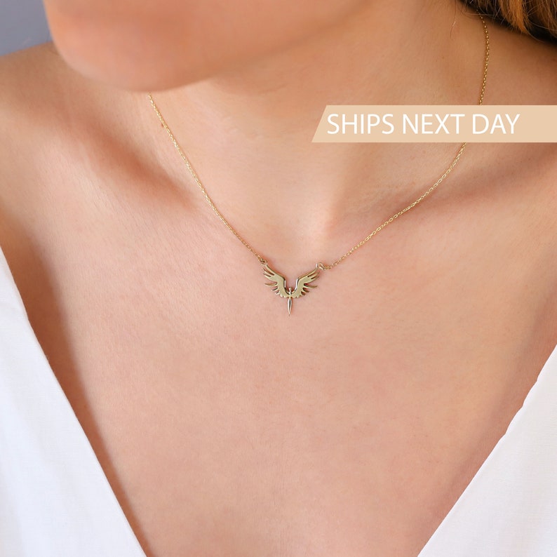 Unique Phoenix Gold Necklace Michael Angel Dainty Necklace Mythologic Simurg Necklace Special Bird Necklace Gift for Her, Him image 1