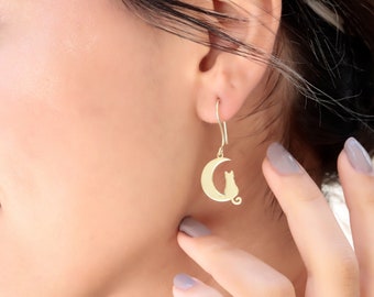 Handmade Cat Moon Dangle Earrings, 14K Gold Drop Earrings By NecklaceDreamWorld, Delicate Pet Lover Gifts, Birhday Gifts, Cat Jewelry