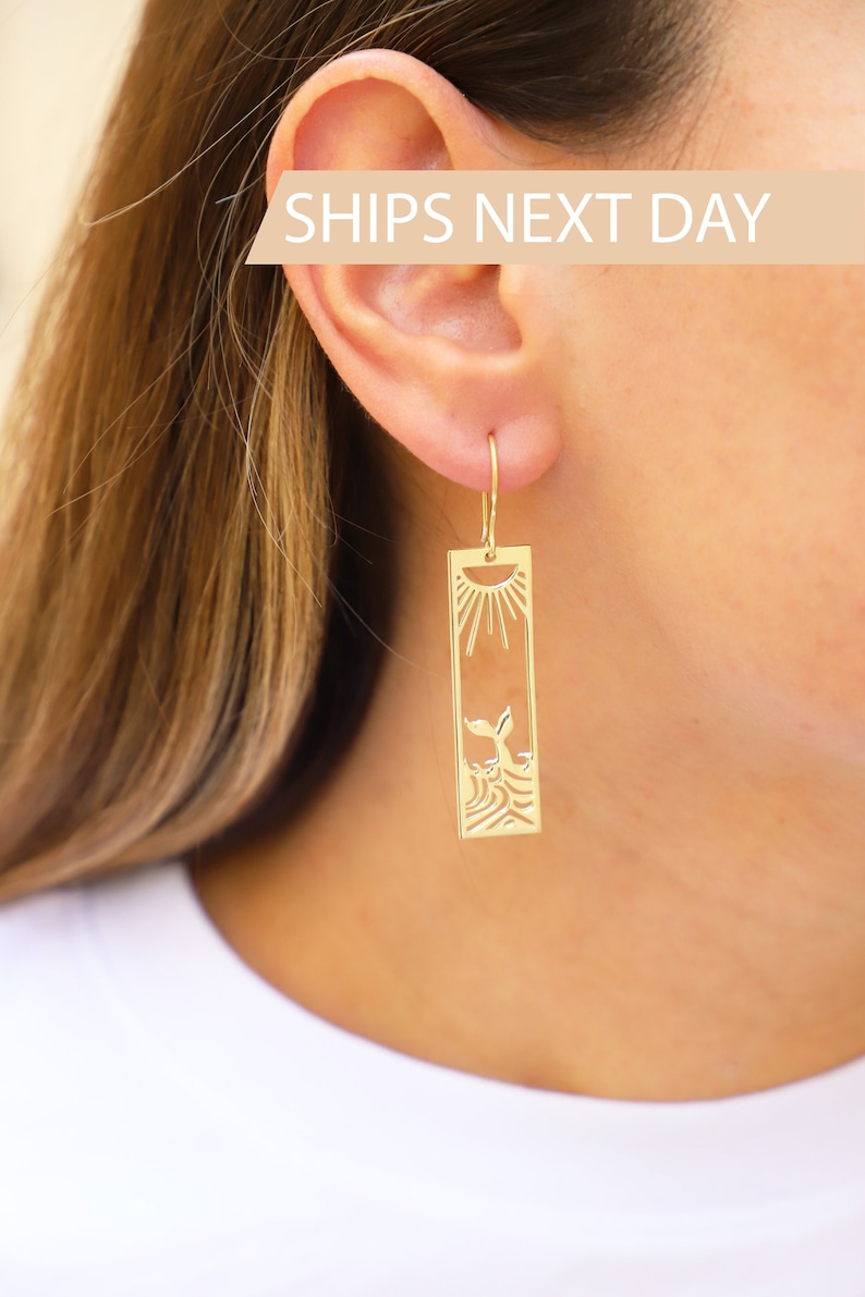 Sun Earrings Gold, Sunrise and Wave Dangle Earrings, Rectangle Boho Hawaii Drop Earrings Ocean Wave Earrings Earrings for Women image 1