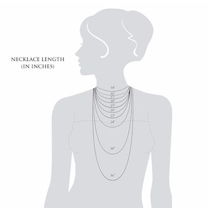 Puede incluir: Diagrama que muestra diferentes longitudes de collar en pulgadas, de 14 pulgadas a 36 pulgadas, en un maniqu&iacute;.